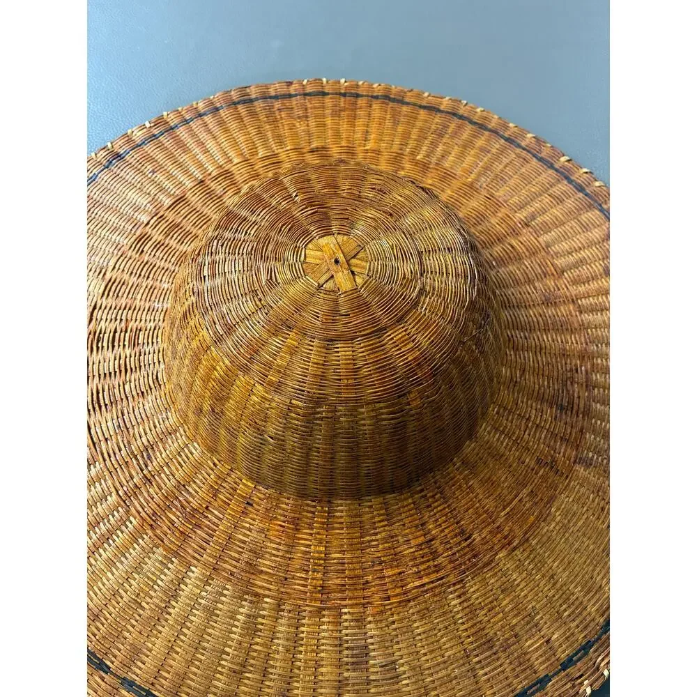 Vintage Handwoven Asian Rattan Sun Hat Large Woven Rice Hat Decorative Wall Art